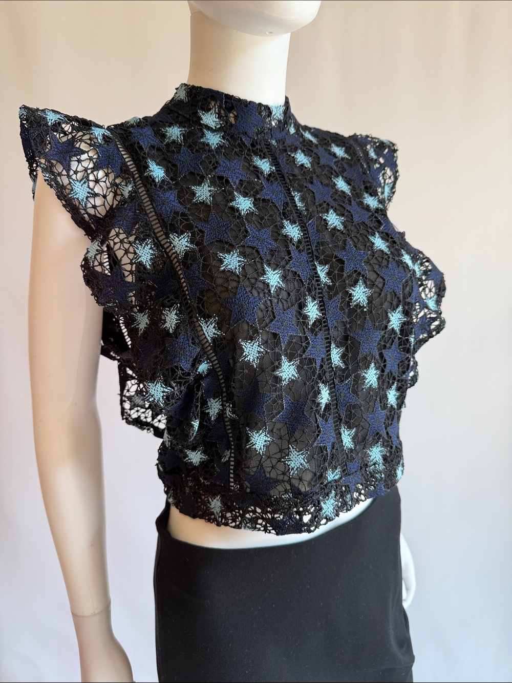 Willow & Clay Black Lace Crop Top with Navy and Light Blue Star Motif